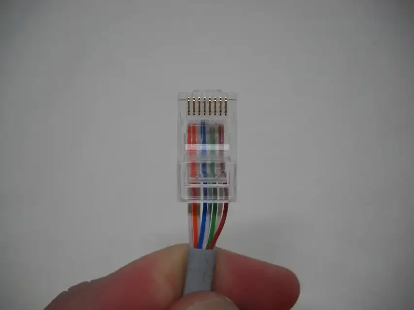 Freshly crimped RJ45 connector on an Ethernet cable