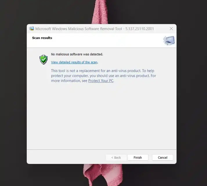 Windows Malicious Software Removal Tool reporting no malware found