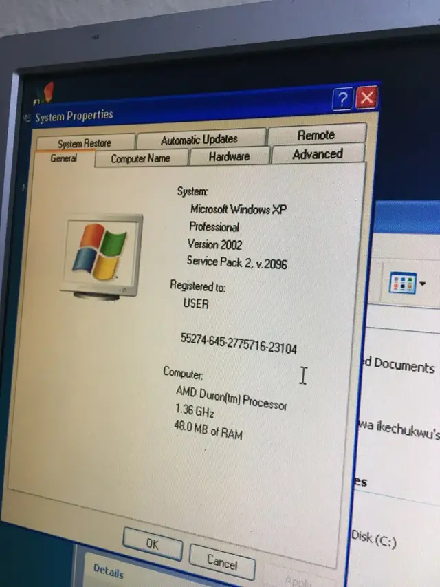 Windows XP system properties screen on a recovered PC